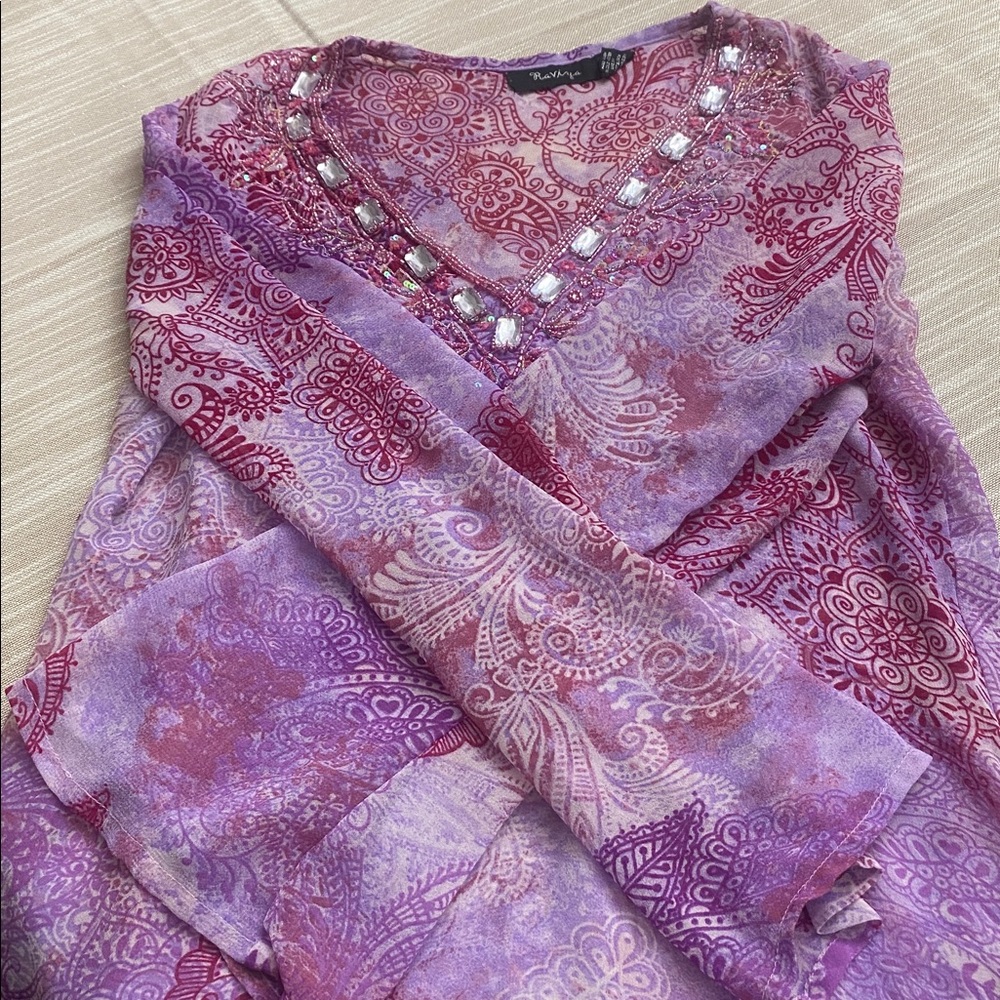 RAVIYA Sheer Cover-up/Tunic Pink & Purple with Beaded Sequin Accents V Neck M